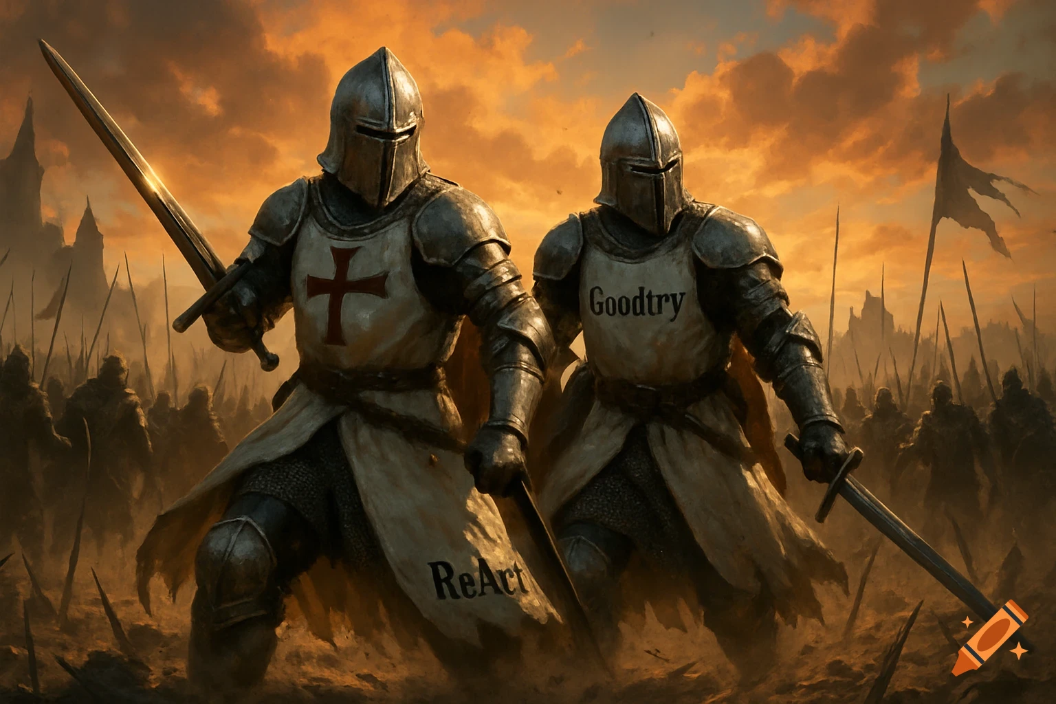 Two armored templar knights with swords, standing before an army under a dramatic orange sky. One knight has 'ReAct' on his armor, the other 'Goodtry'.