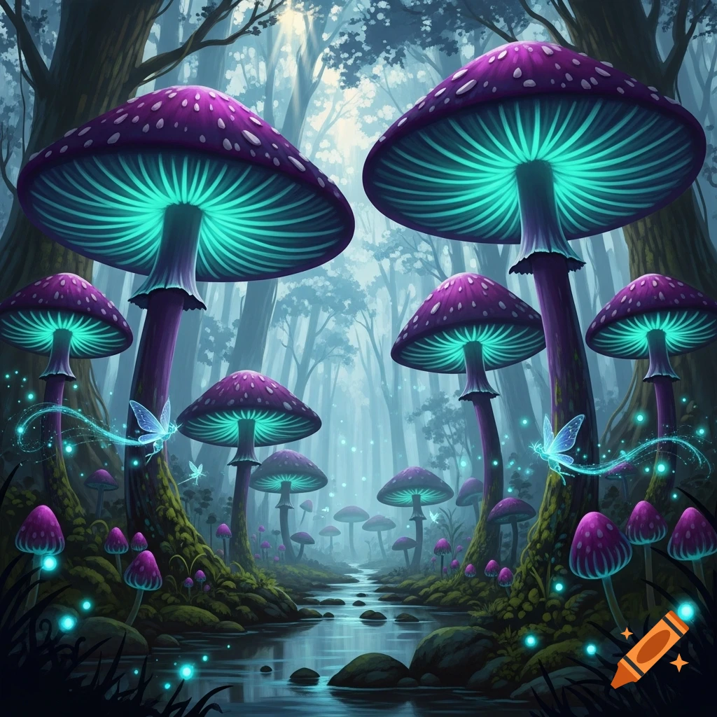 A vibrant fantasy forest scene featuring large purple mushrooms with glowing aqua undersides, a tranquil stream, and small glowing fairies.