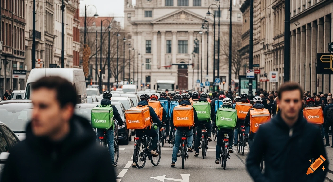 Photorealistic image of many food delivery cyclists with orange and green bags in a busy European city street with cars and buildings.