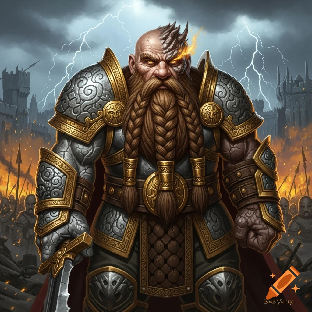 A fierce dwarf general in ornate armor with a braided beard and glowing eye, standing amidst a stormy battle with lightning and fire in a fantasy painting.