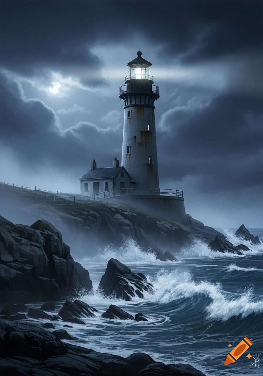 A tall lighthouse illuminates a stormy, rocky coast at night, with a full moon and crashing waves.