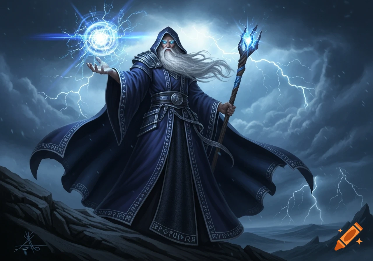 A powerful wizard in a blue hooded robe and long white beard casts a glowing lightning spell under a stormy sky.