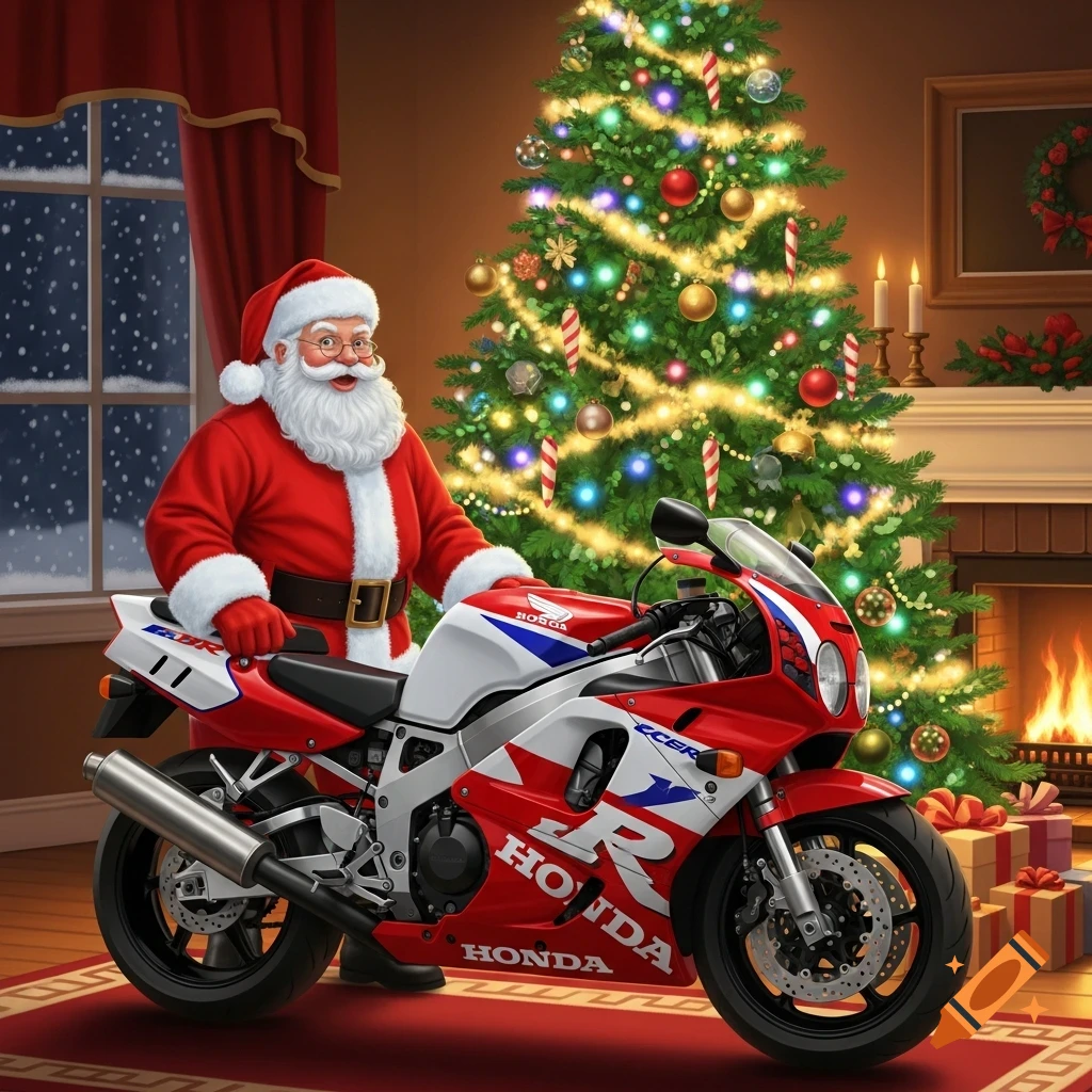 Santa Claus stands next to a red and white Honda motorcycle in a living room with a decorated Christmas tree and a fireplace.