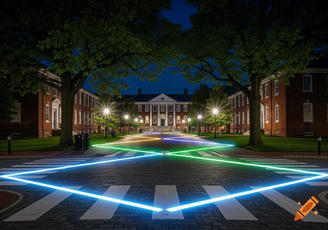 Photorealistic night view of a university campus, with red brick buildings, trees, streetlights, and colorful LED strips on walkways and crosswalks.