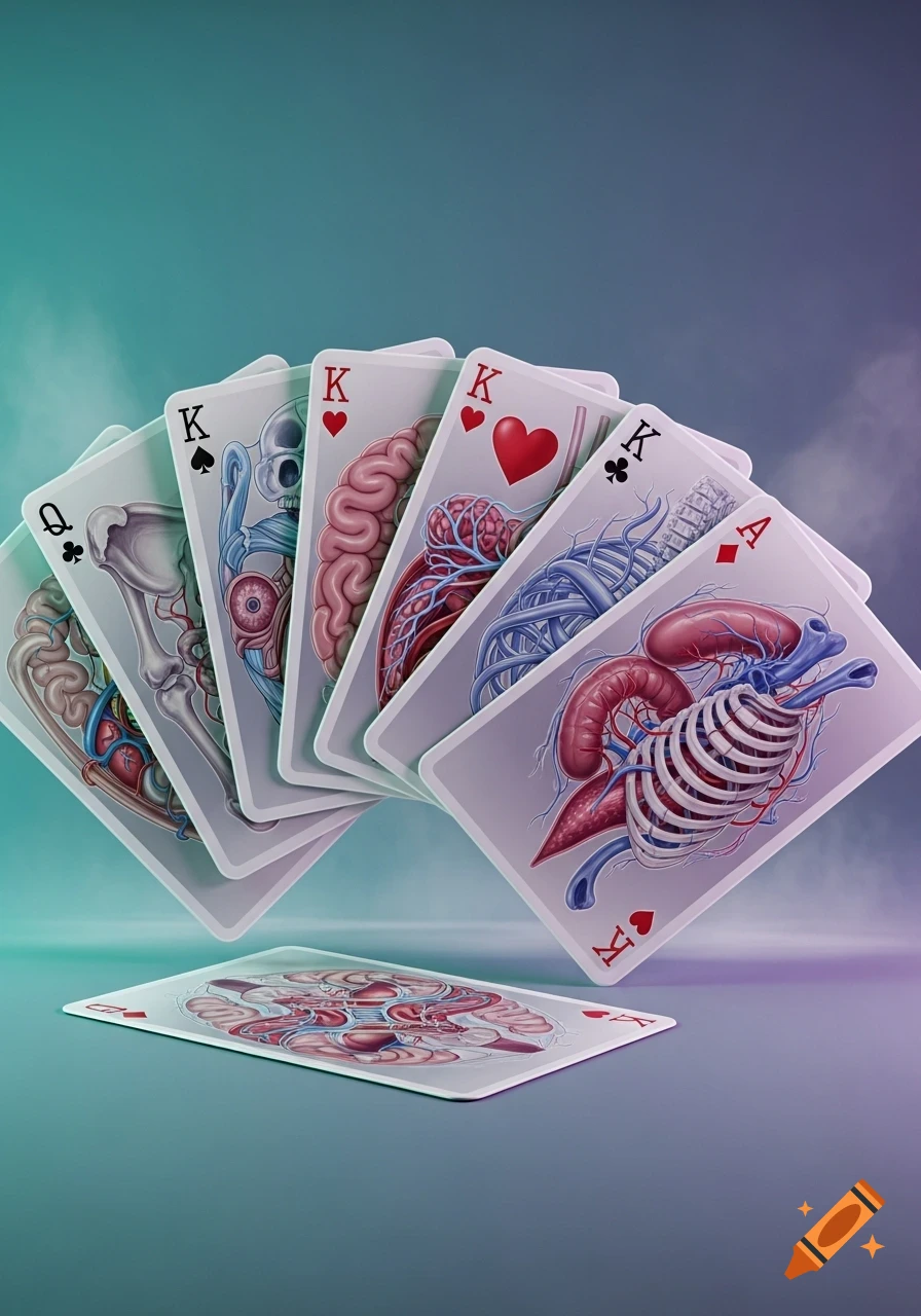 Playing cards featuring stylized illustrations of human organs and bones, fanned out against a gradient background, with one card lying flat.