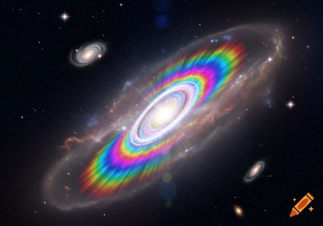 A vibrant, rainbow-colored spiral galaxy with a bright core, surrounded by smaller galaxies and stars in deep space.
