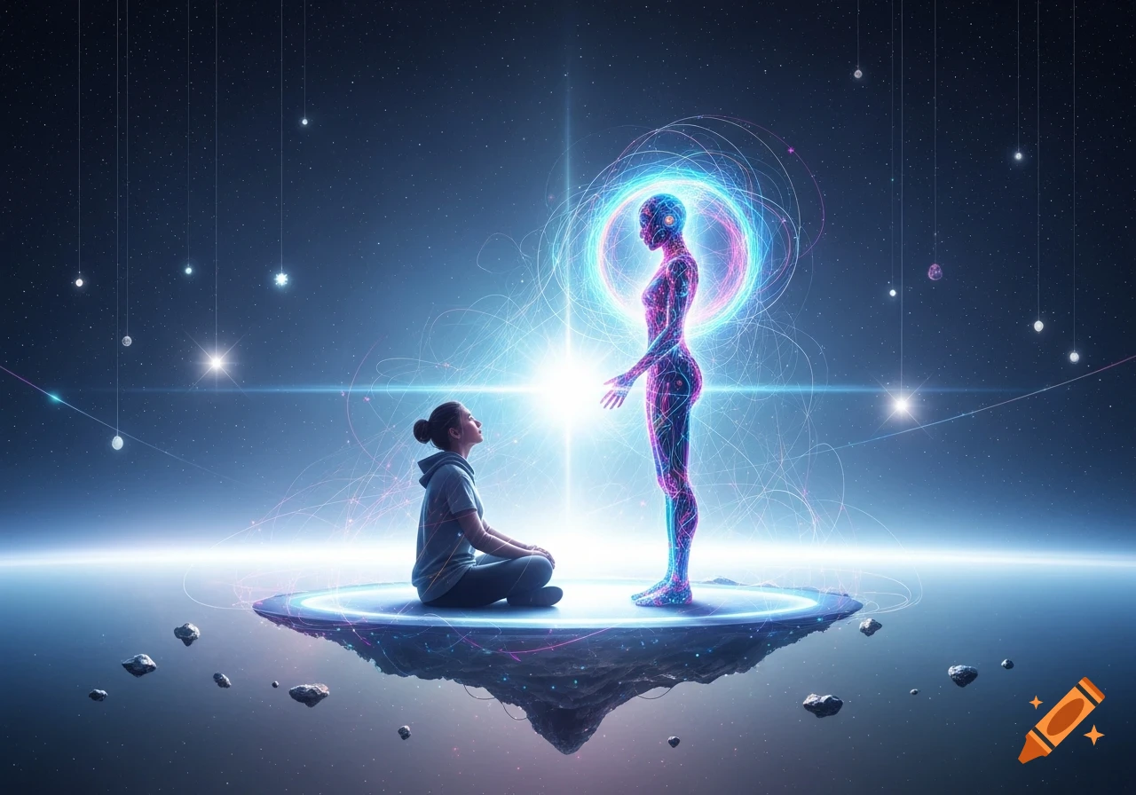 A person sits on a glowing floating island in space, gazing up at a luminous, abstract human-like figure made of light and energy.