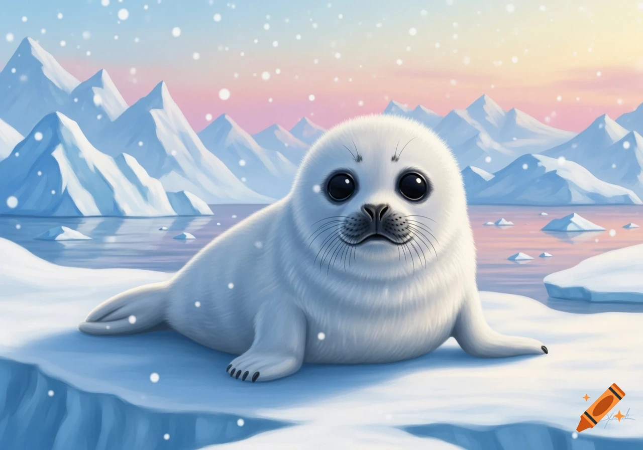 A cute, fluffy white harp seal pup with large dark eyes lies on an icy surface in a snowy arctic landscape with blue mountains and a pastel sky.