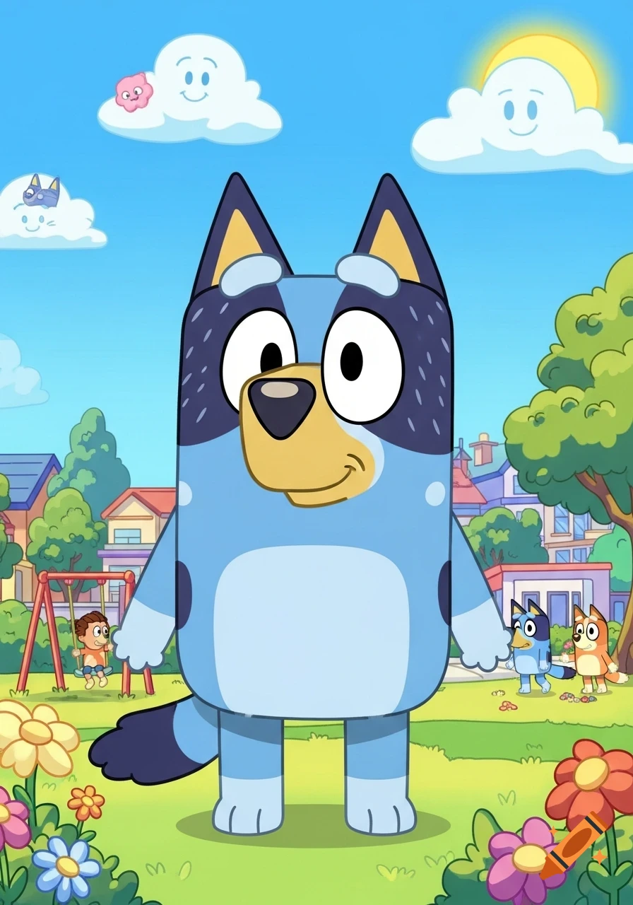 A wide Bluey stands in a colorful park with other cartoon dogs and a child on a swing in the background.