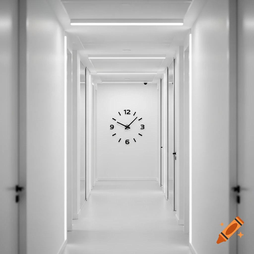 A long, minimalist white hallway with a large black wall clock at the far end, featuring a shallow depth of field.
