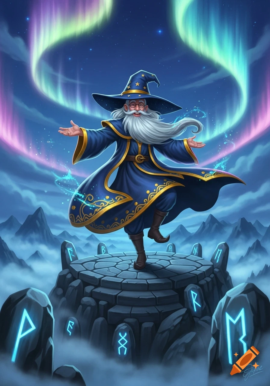 Smiling wizard with a long white beard and blue robe dances on a stone platform under an aurora borealis in an illustration.