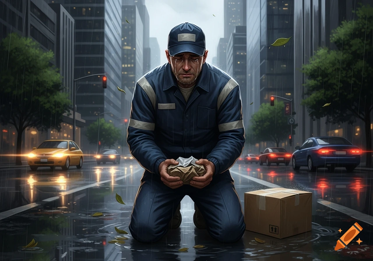 A crying delivery man kneels in the rain on a city street next to a package, in a photorealistic style.