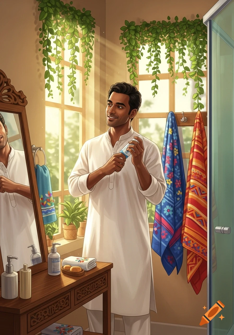 An Indian man in a white kurta applies deodorant in a sunlit bathroom with hanging plants and patterned towels, illustration style.