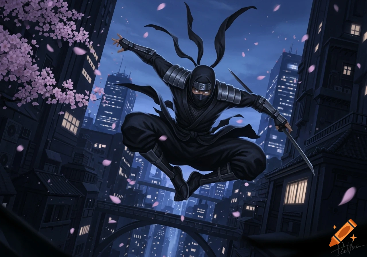 A ninja leaps between dark city buildings at night, with pink cherry blossoms and falling petals, in an anime style.