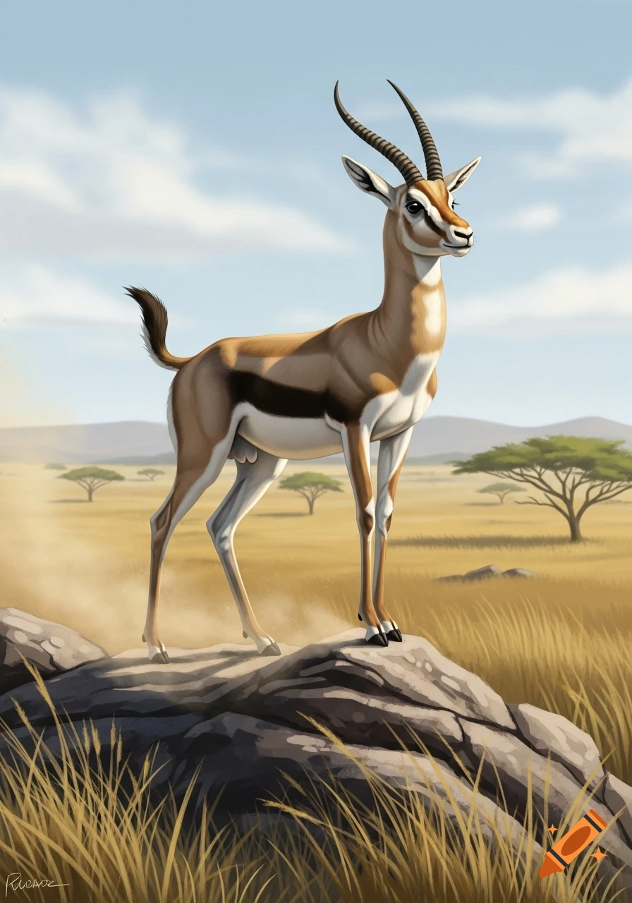 A gazelle with striped horns stands on a rock in a golden savanna landscape under a blue sky.