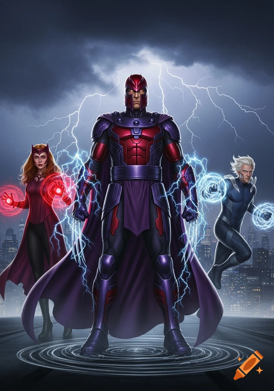 Comic art of Magneto, Scarlet Witch, and Quicksilver posing powerfully against a stormy, lightning-filled city skyline.