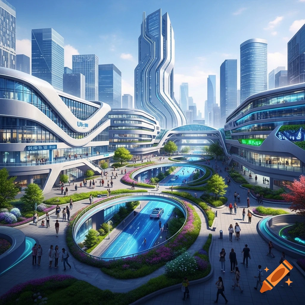 A vibrant futuristic city with sleek, modern buildings, elevated roads with glowing blue paths, and many pedestrians walking through landscaped areas.