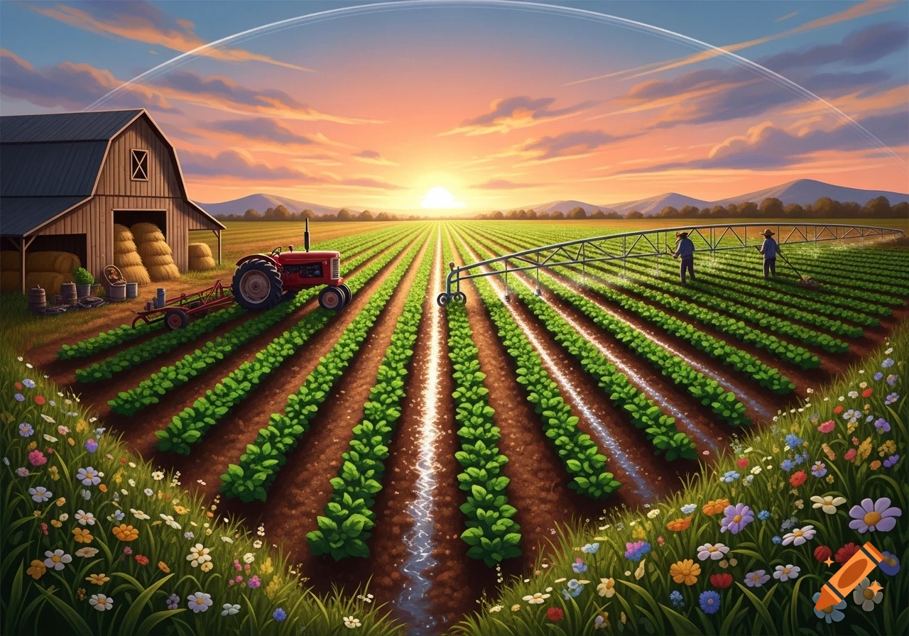 Vibrant illustration of a farm field at sunset, with farmers irrigating crops, a red tractor, and a barn.