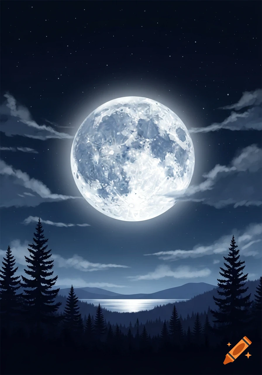 A large, bright full moon illuminates a serene night landscape with silhouetted pine trees, mountains, and a reflective lake.