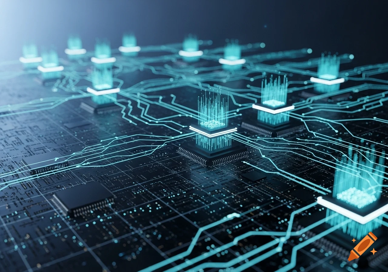 Futuristic circuit board with glowing blue lines connecting processors, symbolizing data flow and IT networks.
