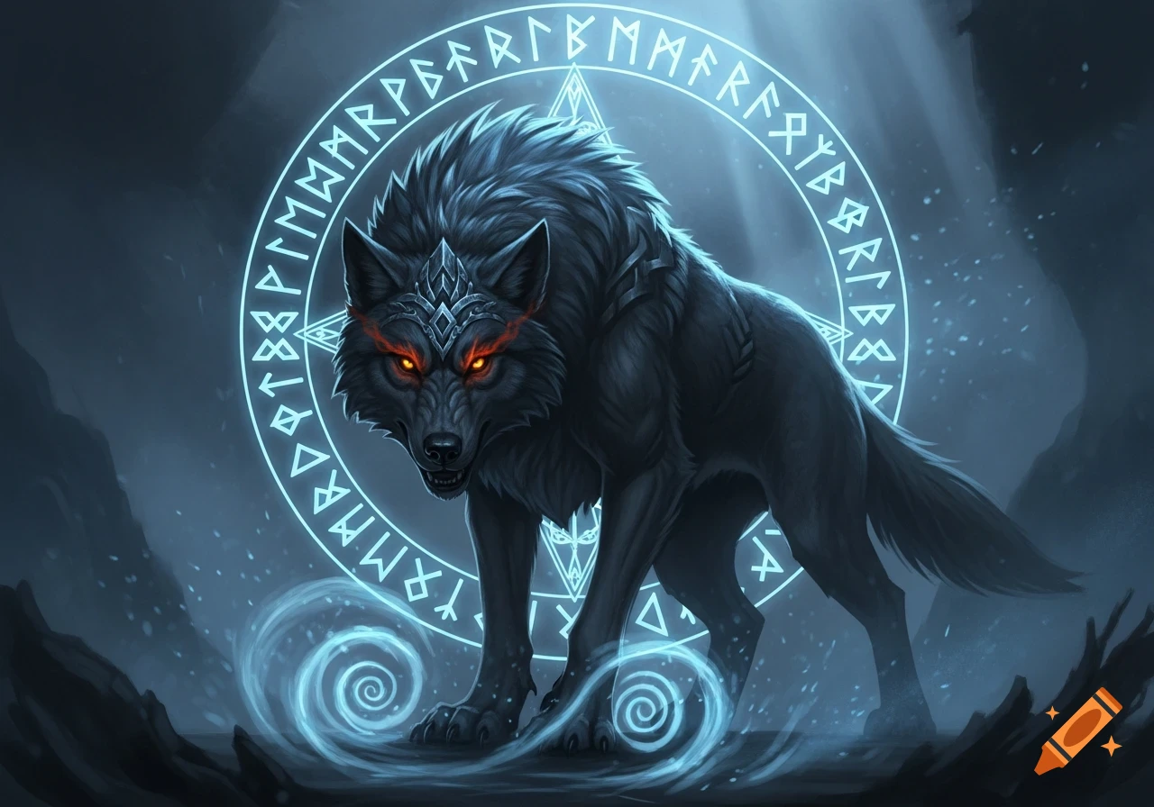 A fierce black wolf with glowing red eyes stands before a glowing blue Norse rune circle in a dark, mystical setting, digital art.