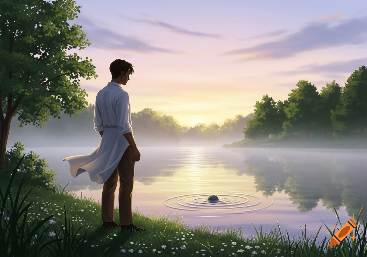 A man stands by a serene lake at sunrise, gazing at a ripple from a dropped object. Painterly style.