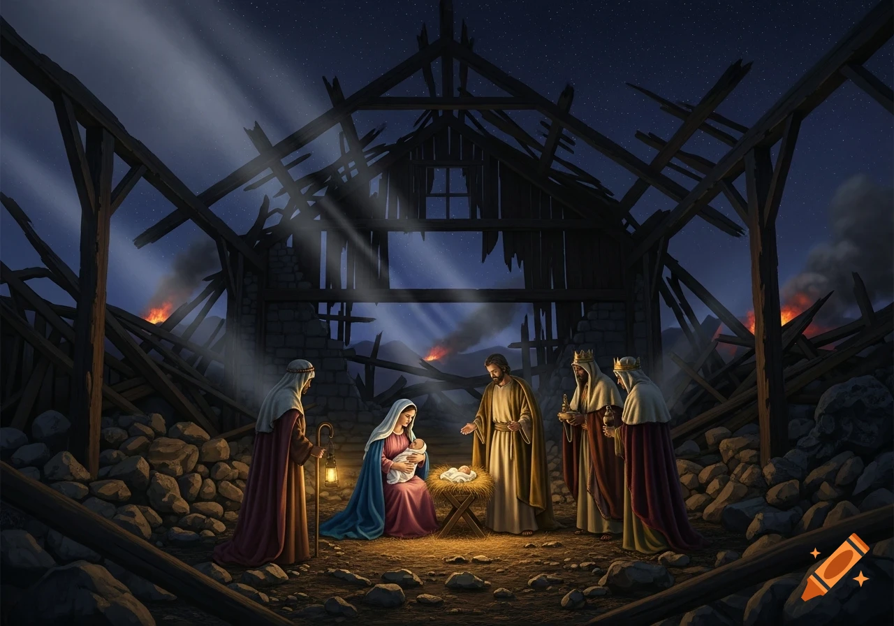 Nativity scene in a destroyed barn at night. Mary holds baby Jesus, Joseph stands nearby, and three Magi approach. Distant fires glow.