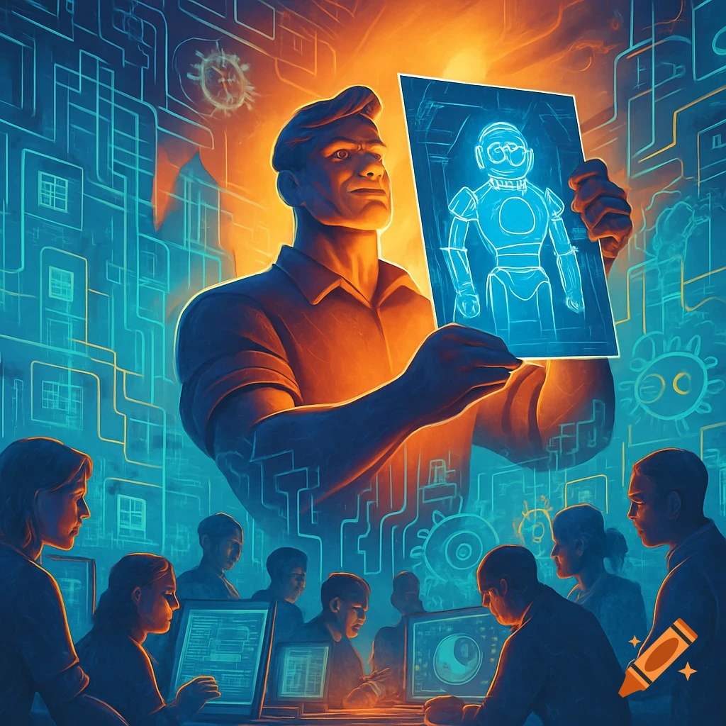 A man holds a glowing robot blueprint while overseeing a team working on computers in a vibrant blue and orange digital art style.