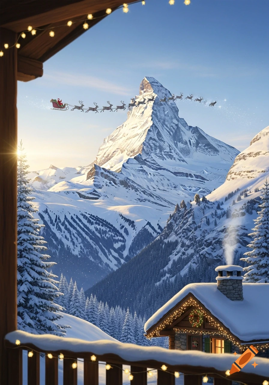 Santa and his reindeer fly over a snowy Matterhorn mountain, seen from a decorated cottage balcony with festive lights.