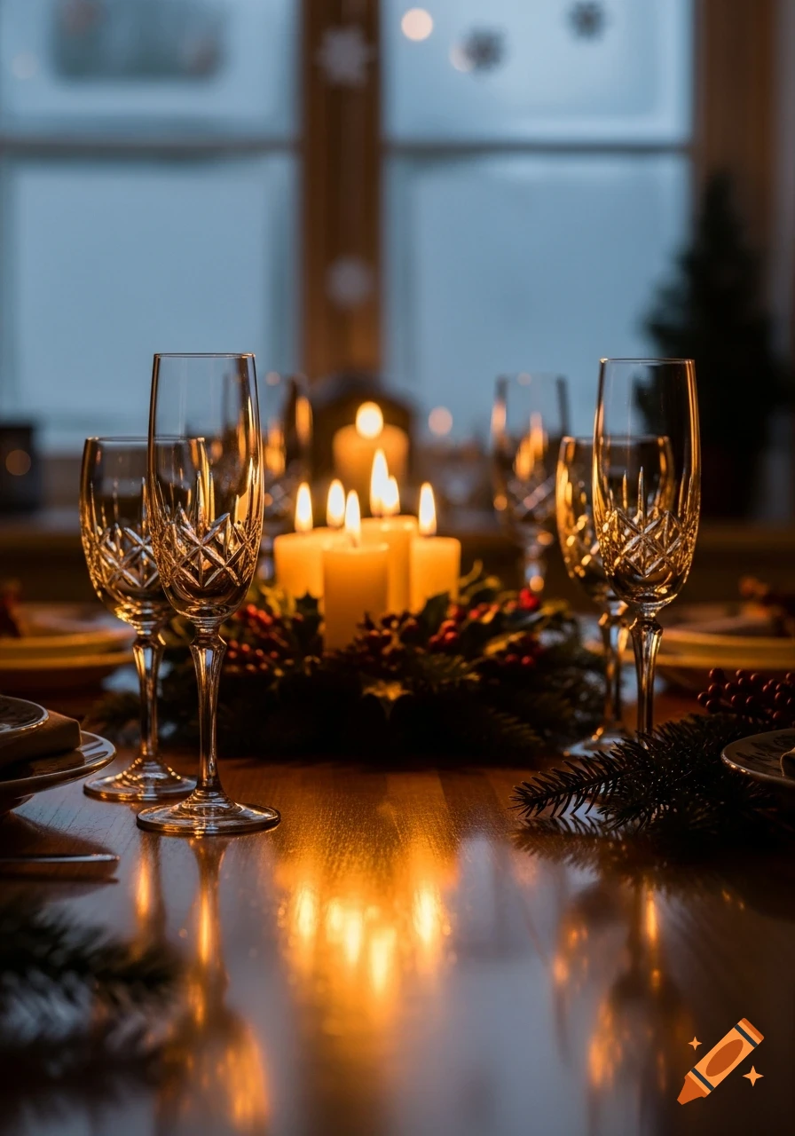 A close-up of a festive dining table at night, illuminated by multiple lit candles, reflecting off the polished surface. Crystal champagne flutes and evergreen decor are visible.