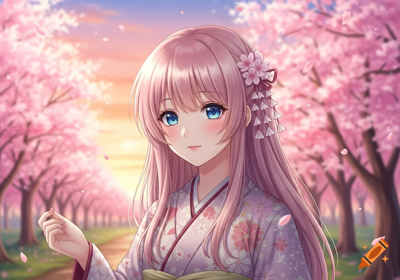 An anime girl with pink hair and blue eyes in a kimono stands in a cherry blossom avenue at sunset.