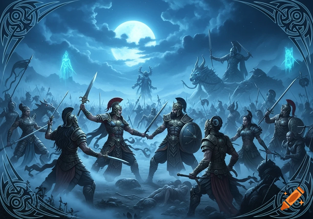 Mythological battle scene with warriors fighting under a full moon in a misty, blue-toned landscape, framed by a tribal border.