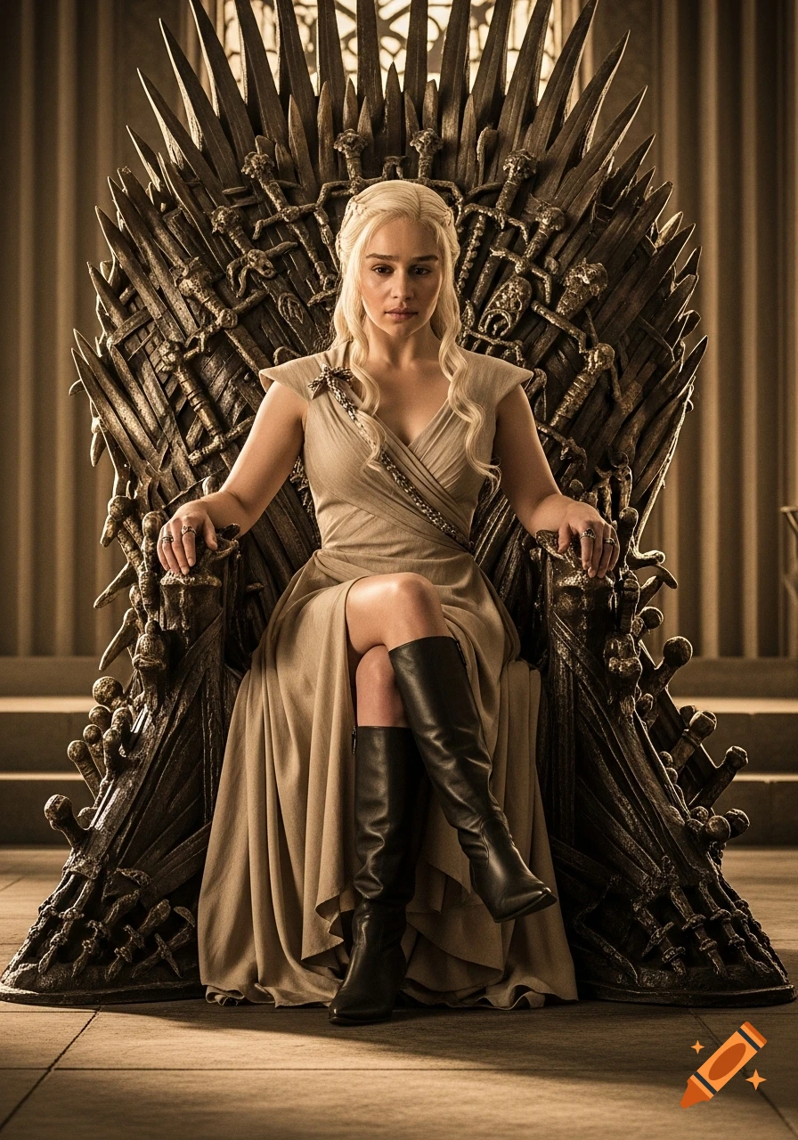 Photorealistic image of Daenerys Targaryen with blonde hair, in a sand-colored dress and black boots, sitting on the Iron Throne with legs crossed.
