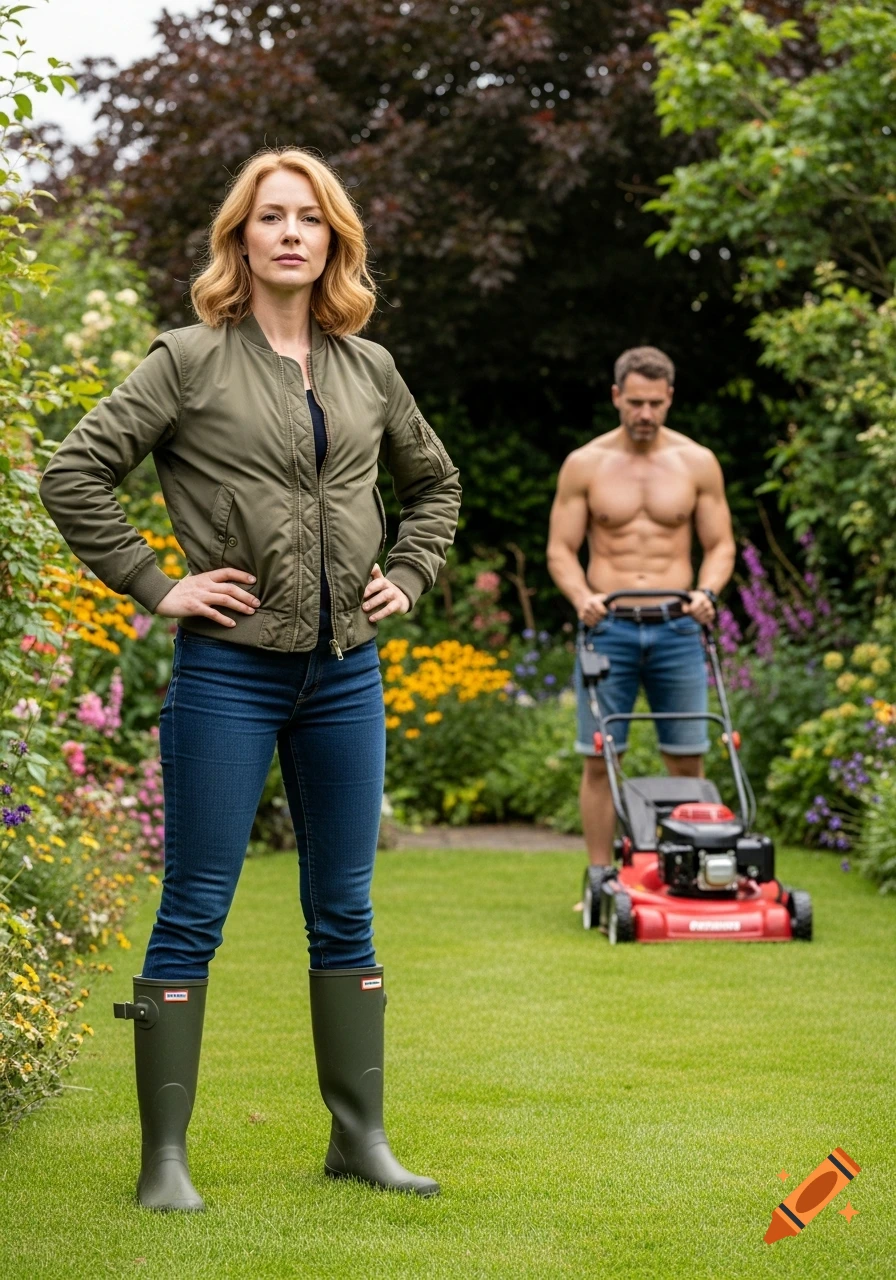 A woman in a bomber jacket, jeans, and green wellington boots stands in a garden, hands on hips, overseeing a shirtless man mowing a lush green lawn in the background.