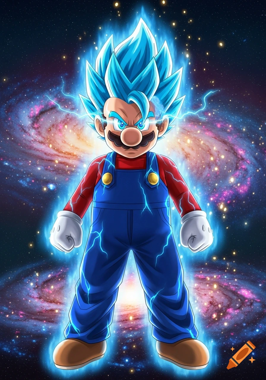 Mario in Super Saiyan Blue form, glowing with blue energy and lightning, stands against a starry galaxy background.
