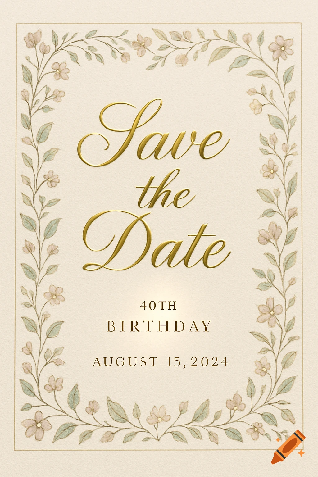Elegant Save the Date card for a 40th Birthday, with gold embossed text and a watercolor floral border on textured paper.