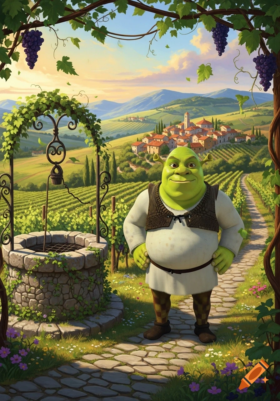 Shrek stands smiling on a stone path in a sunny Italian vineyard landscape, with a well, distant village, and grape arbors.