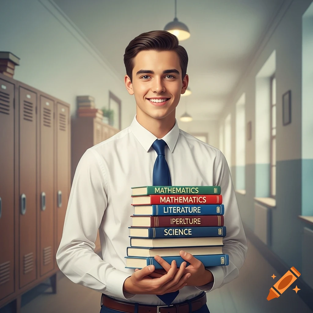 A smiling high school boy holding a stack of academic books in a school hallway, photorealistic.