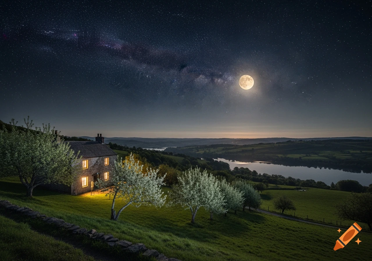 A photorealistic night landscape shows a stone cottage with lit windows on a grassy hill, overlooking a lake under a starry sky with a bright full moon.