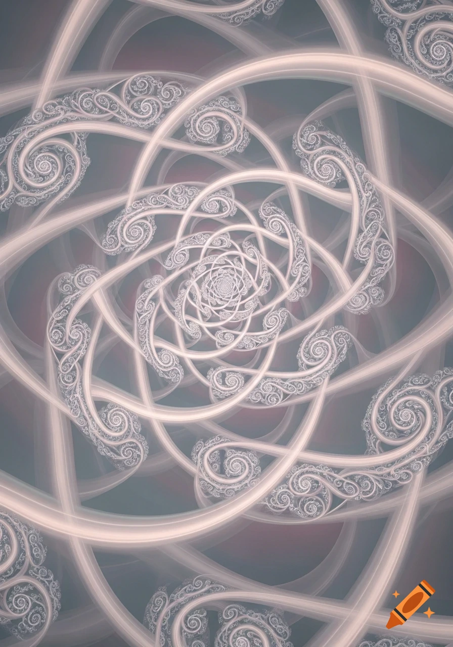 Intricate fractal abstract art featuring swirling, interconnected pale pink and white patterns resembling loops and ornate spirals on a muted grey-blue background.