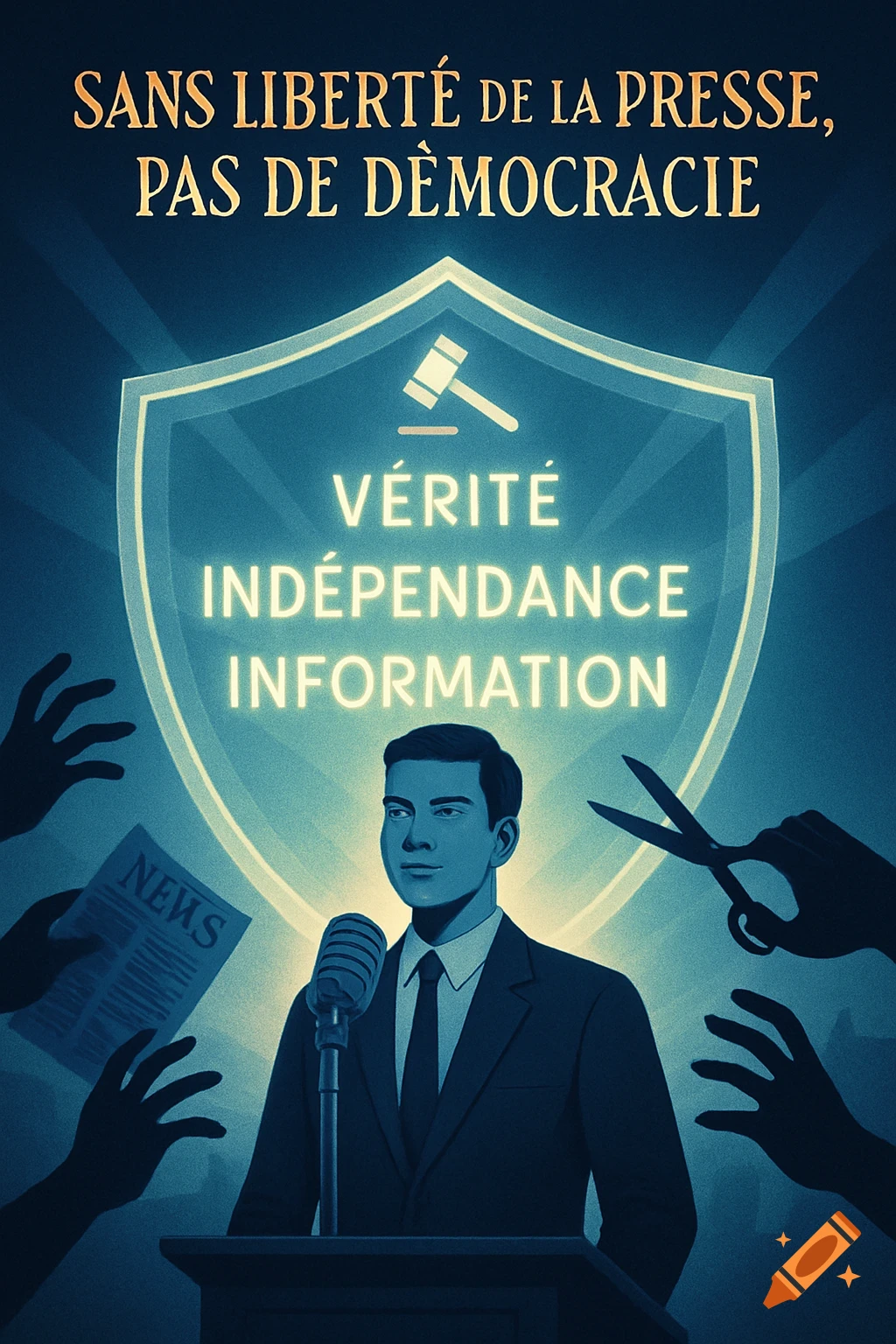 Illustrative poster of a journalist at a microphone, protected by a glowing shield with 'Vérité, Indépendance, Information'. Silhouetted hands try to grab a 'NEWS' paper and cut with scissors. Text at top reads: 'Sans liberté de la presse, pas de démocratie'.