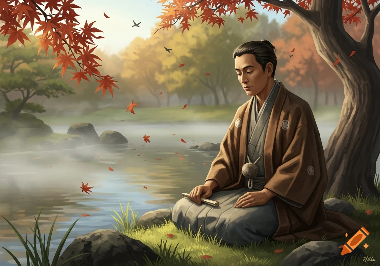 A man in traditional Japanese attire sits by a calm pond surrounded by autumn trees and falling red leaves in a serene illustration.