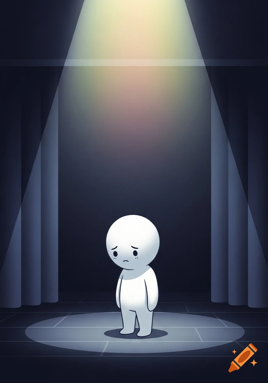 A sad, minimalist cartoon of a small white figure standing alone in a warm spotlight on a dark theatre stage.