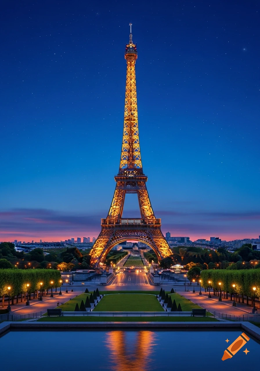 Photorealistic view of the illuminated Eiffel Tower at night, reflected in a pool, with a city skyline under a starry sky.
