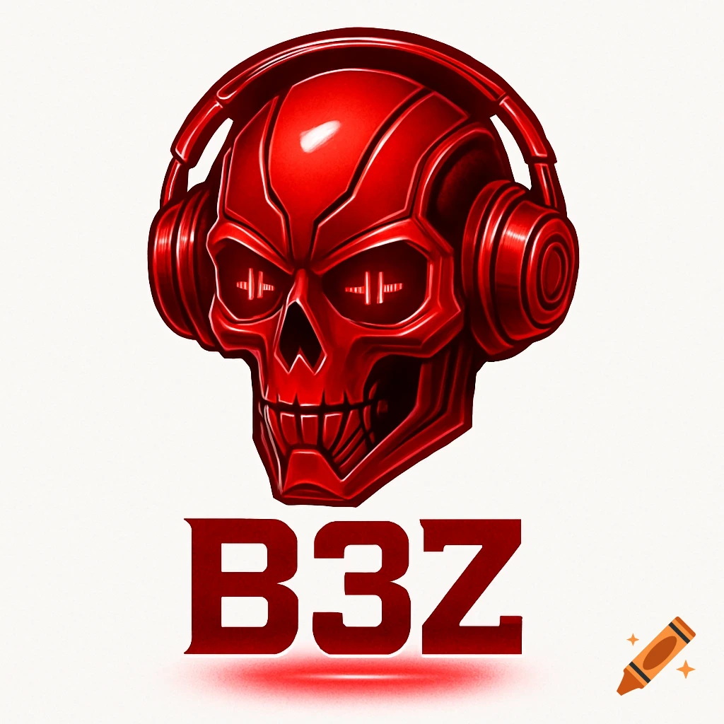 A detailed, stylized red futuristic skull with glowing eyes wearing headphones, with the text 'B3Z' in red underneath.