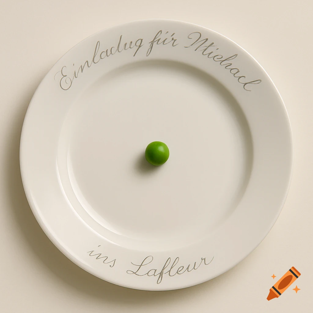 White plate with a single green pea in the center and elegant gray script text "Einladung f Michael ins Lafleur" on the rim, photorealistic.