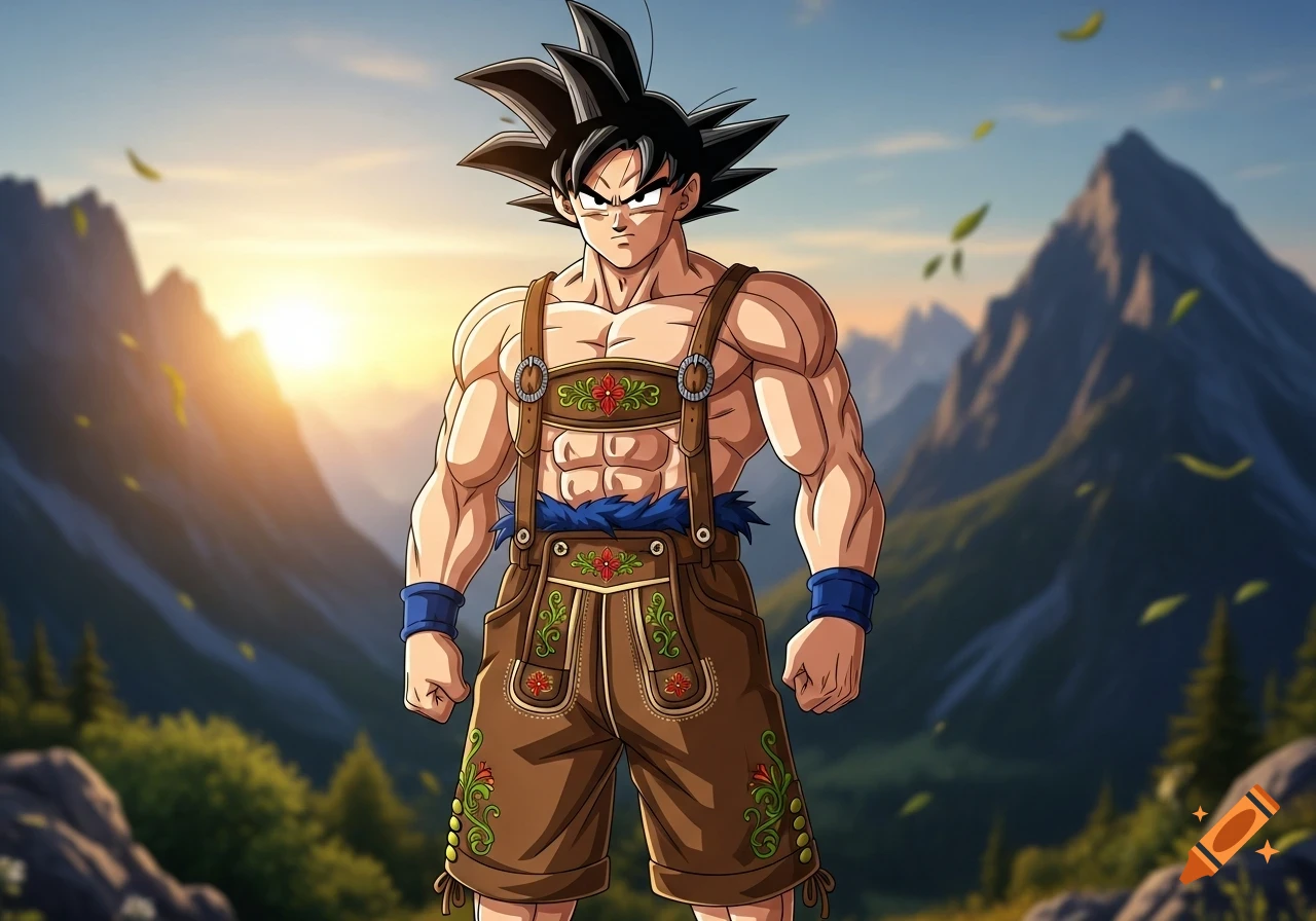 Son Goku in traditional lederhosen stands confidently against a mountain sunset.