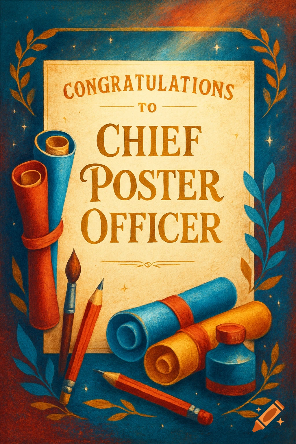 A vintage-style illustration of a certificate titled "CONGRATULATIONS TO CHIEF POSTER OFFICER" surrounded by scrolls, pencils, a paintbrush, and an inkwell.