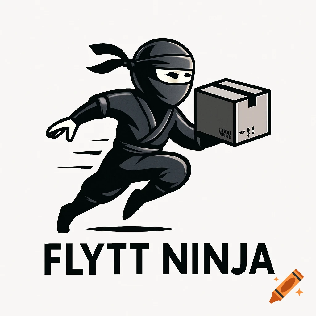 A cartoon ninja wearing a black suit runs while holding a delivery box. The text 'FLYTT NINJA' is below.
