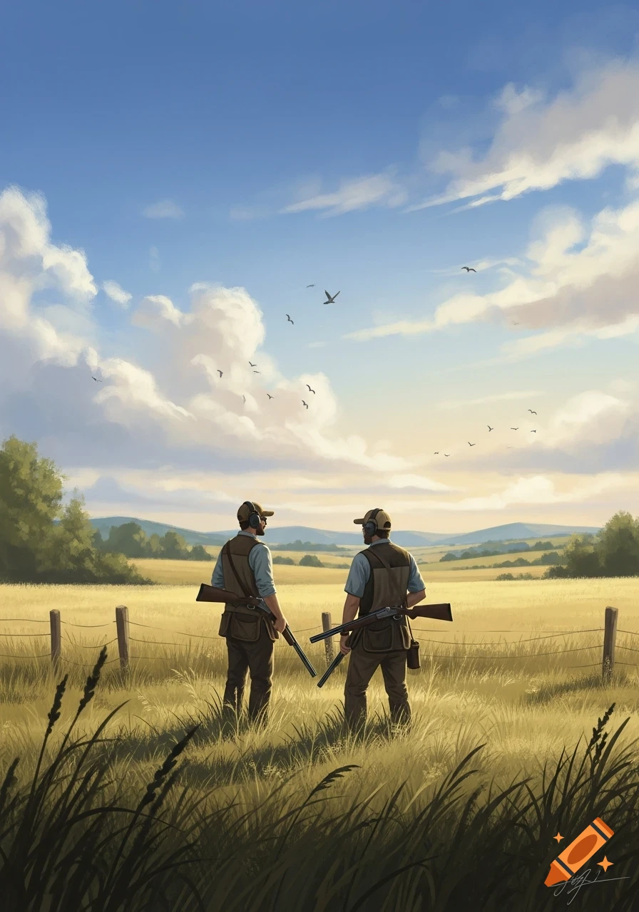 Two men in hunting gear with shotguns stand in a golden field, looking at a blue sky with clouds and flying birds, in an illustration.